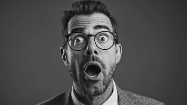 A man with a wide-eyed look of surprise and glasses on his face. He is dressed in a suit jacket.