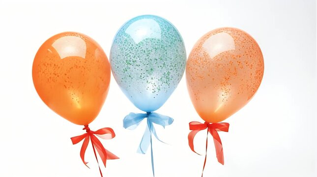 Three colorful inflated orbs, two orange and one blue, each with a ribbon tie. Background is a clean, bright white