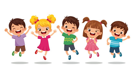 Fototapeta premium A vibrant vector illustration showcases a diverse group of cheerful children jumping with joy, set against a clean white background, perfect for educational or family-oriented designs.