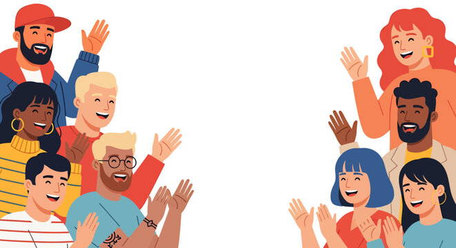A diverse group of cheerful people, rendered in a vector style, are waving and smiling with open arms, creating a welcoming and inclusive visual representation. - Powered by Adobe