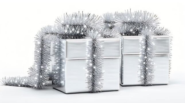Two square, metallic gifts decorated with silvery, fringed garland and glittering highlights, standing on a white surface with a clean background