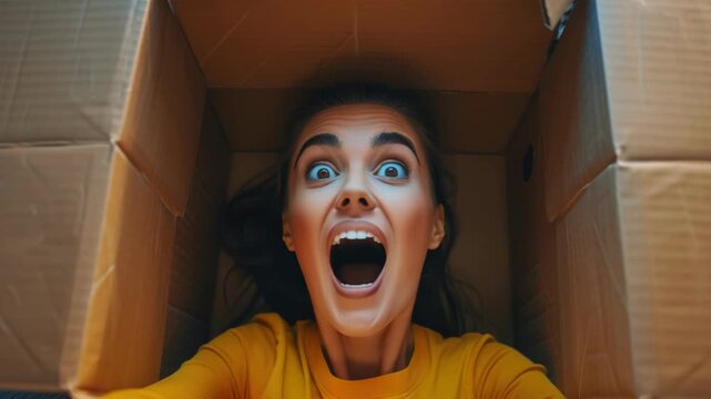 A woman sitting inside a cardboard box with an expression of surprise on her face. She appears to be reacting to something unexpected or dramatic that is not visible within the .