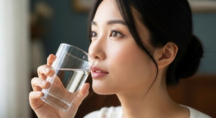   Hydration and Serenity: A woman of Asian descent gracefully sips water from a clear glass, her serene expression reflecting the revitalizing essence of hydration and the quiet moments of self-care.