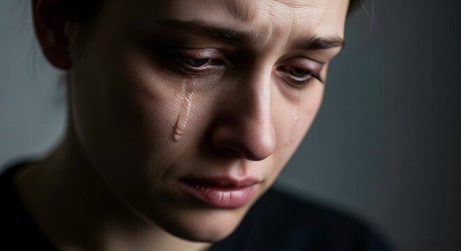 Solitary Sorrow: A close-up portrait captures a woman overcome by sadness, tears streaming down her face, conveying raw, unfiltered emotion and the weight of inner turmoil.