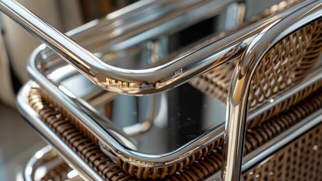 A pile of dining chairs that are brown in color, featuring a combination of materials including wicker and metal for their construction. The shows a stack of these chairs from an overhead perspective