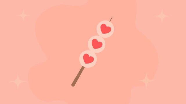 Valentine food skewer. Three round fishballs on wooden stick with small heart marks. Valentine street food and playful love concept. Soft warm pink flat background with smooth shapes.