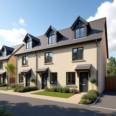 Terraced family homes in newly developed housing estate. The real estate market in the suburbs. New single family houses in a new development area. Residential homes with modern facade.