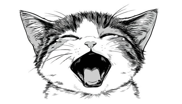 Desenho vetorial em preto e branco de um gatinho fofo bocejando com a boca bem aberta.