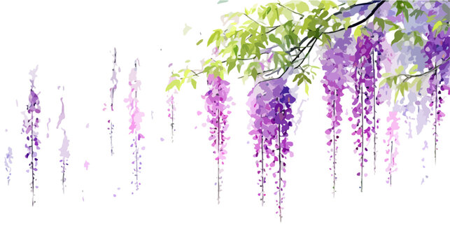 Vetor delicado de flores de glic&iacute;nia roxas penduradas em aquarela com folhas verdes frescas em fundo branco.