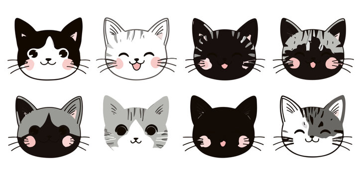 Cole&ccedil;&atilde;o de oito vetores fofos de cabe&ccedil;as de gatos em estilo kawaii, preto, branco e cinza.