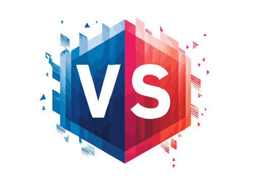 Vetor moderno com letras VS em hex&aacute;gono dividido em azul e vermelho, s&iacute;mbolo de confronto ou compara&ccedil;&atilde;o.