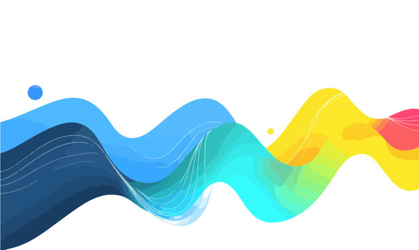 Fundo abstrato com ondas fluidas coloridas em tons vibrantes de azul, amarelo e rosa sobre fundo branco.