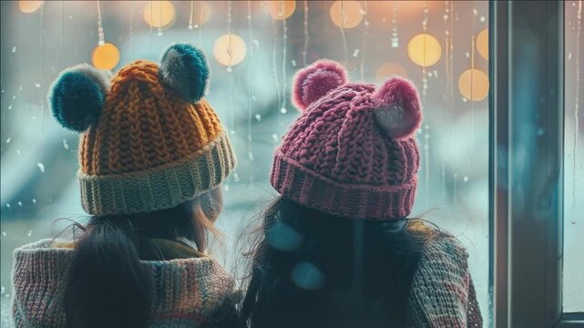 Close-up of two girls wearing earflap hats with a raindrop pattern as they sit together on a bus, enjoying the ride and each other's company.