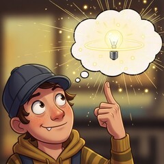 Young boy with a cap having a bright idea with lightbulb.