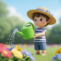 Young Gardener Watering Flowers in Sunny Garden Scene.