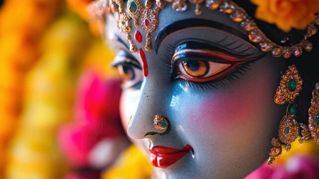 An intricate and ornately decorated head of a Hindu idol, displaying detailed craftsmanship with vibrant colors and decorations.