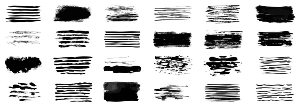 Cole&ccedil;&atilde;o de pinceladas e rabiscos pretos em vetor, texturas abstratas de pincel seco e tinta.