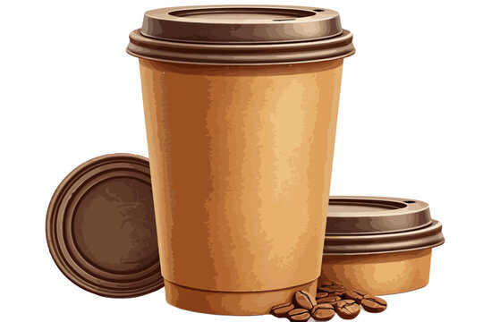 Vetor de copo de caf&eacute; descart&aacute;vel de papel pardo com tampa marrom e gr&atilde;os de caf&eacute; isolados no fundo branco.