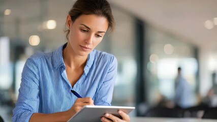 Confident businesswoman in a modern office writes notes on a digital tablet, focusing on productivity and innovation. Professional atmosphere highlights workplace success and technology