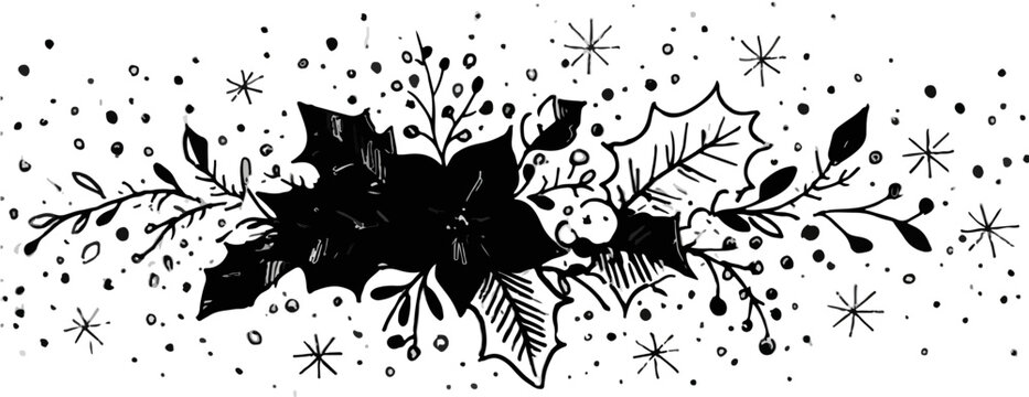 Vetor de guirlanda natalina desenhada &agrave; m&atilde;o com azevinho, poins&eacute;tia e flocos de neve caindo.