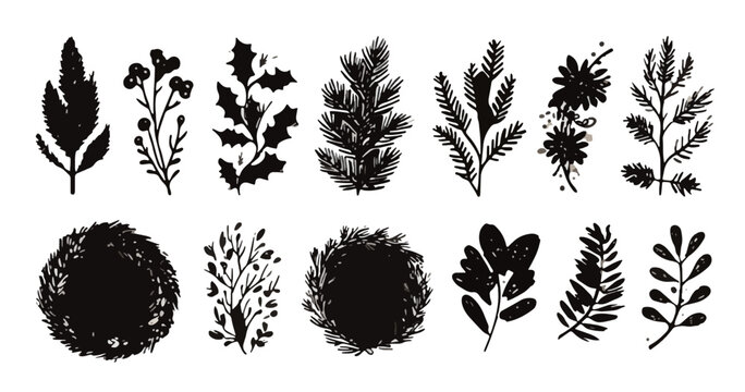 Cole&ccedil;&atilde;o de vetores pretos e brancos de folhagens, galhos e coroas desenhados &agrave; m&atilde;o para Natal.