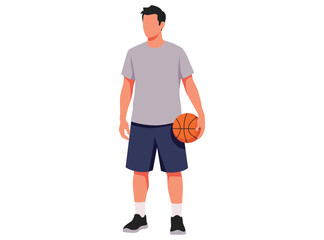 male basketball player standing and holding a basketball. He wears a grey t shirt and dark shorts