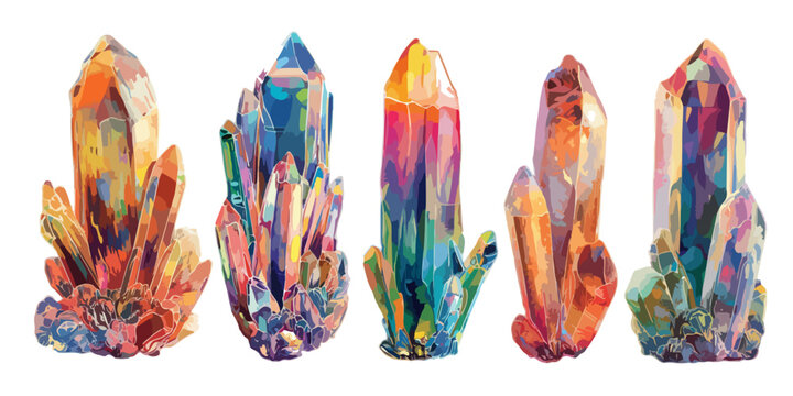 Vetor vibrante de cinco cristais de quartzo coloridos com textura de pintura a &oacute;leo sobre fundo branco.