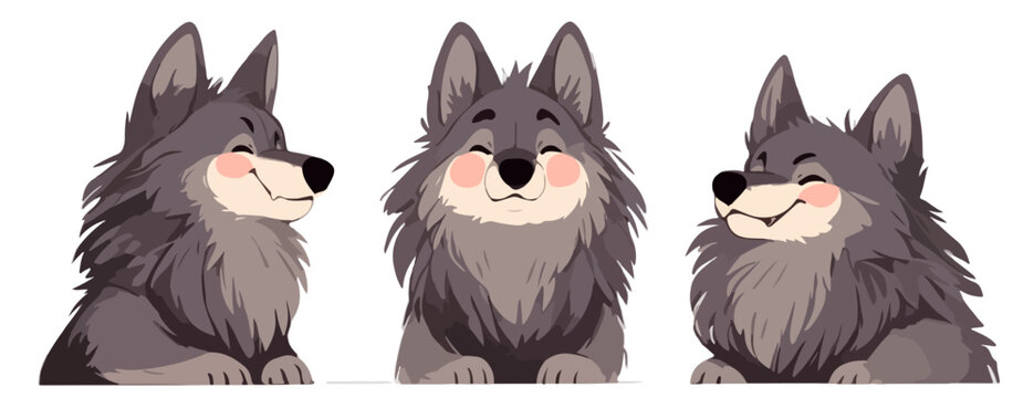 Tr&ecirc;s vetores ador&aacute;veis de lobos cinzentos sorrindo com express&otilde;es felizes e fofas isoladas no branco