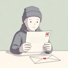 Young person in beanie reading a letter with a heart stamp.