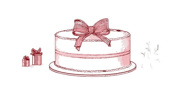 Desenho elegante de bolo de anivers&aacute;rio branco com la&ccedil;o rosa e pequenos presentes, isolado.