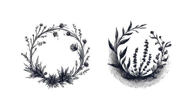 Conjunto de dois aros decorativos bot&acirc;nicos desenhados &agrave; m&atilde;o com folhagens e flores silvestres em estilo vintage.