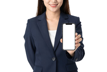 Woman with blue blazer and white shirt holds smartphone, mobile concept	
