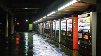 Streetlight flickering above Vending Machines at Night, ideal for urban convenience and late-night refreshment themes.