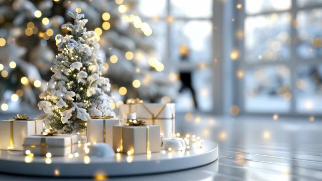 This captures the essence of a cozy Christmas celebration. The centerpiece is a beautifully decorated Christmas tree adorned with gift boxes, twinkling lights