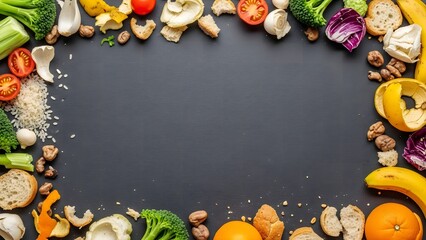 Fresh Organic Ingredients and Food Waste on Dark Background with Copy Space.