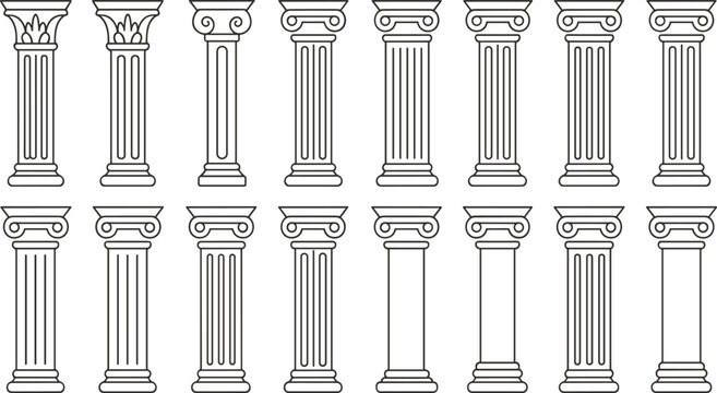 Classical architectural column icons set, ancient Greek and Roman pillars collection, outline vector illustration isolated on white