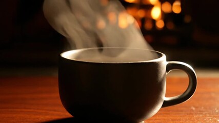 A dark mug of hot coffee with rising steam sits on a wooden table, creating a warm and comforting scene.