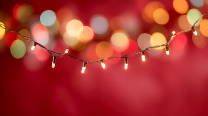String of hanging warm glowing Christmas lights against a vibrant red festive background with free copy space