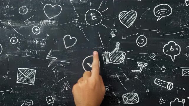 Person's hand touching blackboard with drawings.