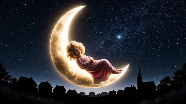 Dreamy little girl sleeping on a glowing crescent moon over a tranquil village at night, celebrating World Sleep Day with peaceful slumber and magical dreams.