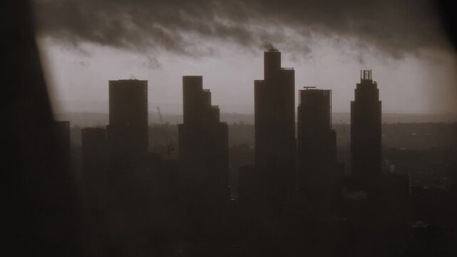 Skyscrapers, Haze, Smog, Storm Clouds, Battersea, Brixton, Lambeth, Wandsworth Aerial View, Nine Elms Urban Skyline, Cityscape, South Central London, England, United Kingdom