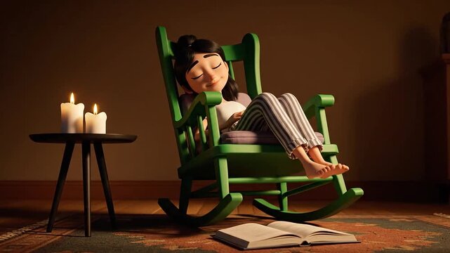 Animated Girl Sleeping Peacefully in a Cozy Green Rocking Chair by Candlelight, Perfect for World Sleep Day Relaxation and Sweet Dreams