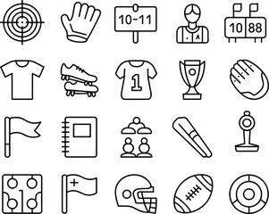 Fototapeta premium Sports equipment and competition icon set with football, jersey, scoreboard, trophy symbols, clean outline vector illustrations for athletic design projects