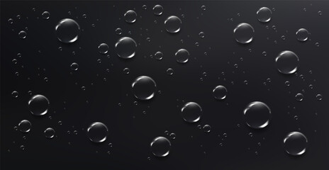 Realistic water drops vector background created with mesh gradients on black surface. Glossy transparent liquid bubbles with soft light reflections for cosmetic, skincare, luxury and abstract design.