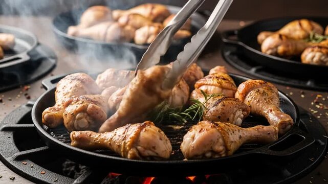 Tongs picking up grilled chicken pieces from a sizzling black pan with herbs on a fire, surrounded by more pans of food in the background. Perfect for food blogs, restaurant menus, and