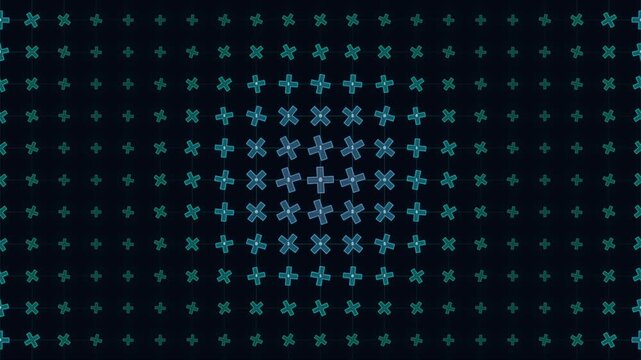Abstract blue and green plus sign pattern background with glowing geometric shapes animation