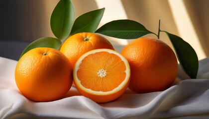 Three Whole Oranges And A Halved Orange With Green Leaves Rest On A White Fabric Backdrop Illuminated By Soft Light Creating A Still Life Composition