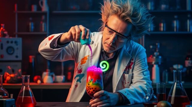 A disheveled scientist in a white lab coat pouring a green liquid into a glowing beaker with a colorful substance. Perfect for science, laboratory, and educational materials.