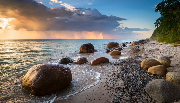 Naturstrand Mit Grossen Findlingen Am Kap Arkona Regenschauer Uber Der Ostsee Bei Sonnenaufgang Insel Rugen Mecklenburg Vorpommern Deutschland
