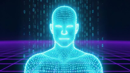 A futuristic digital human figure with a blue wireframe mesh on a purple grid background with binary code streaming down - Powered by Adobe